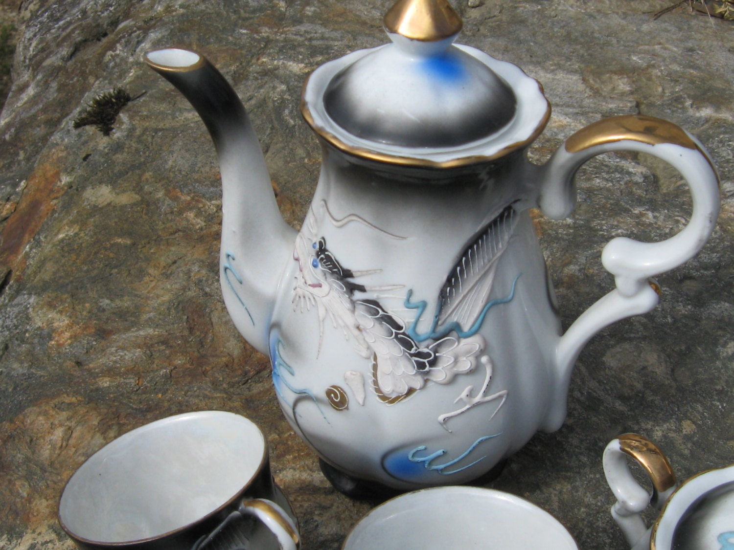 Tea Set Black Dragon Japan tea pot sugar creamer cup saucer Dragonware moriage demitasse - WhispersFromThePast