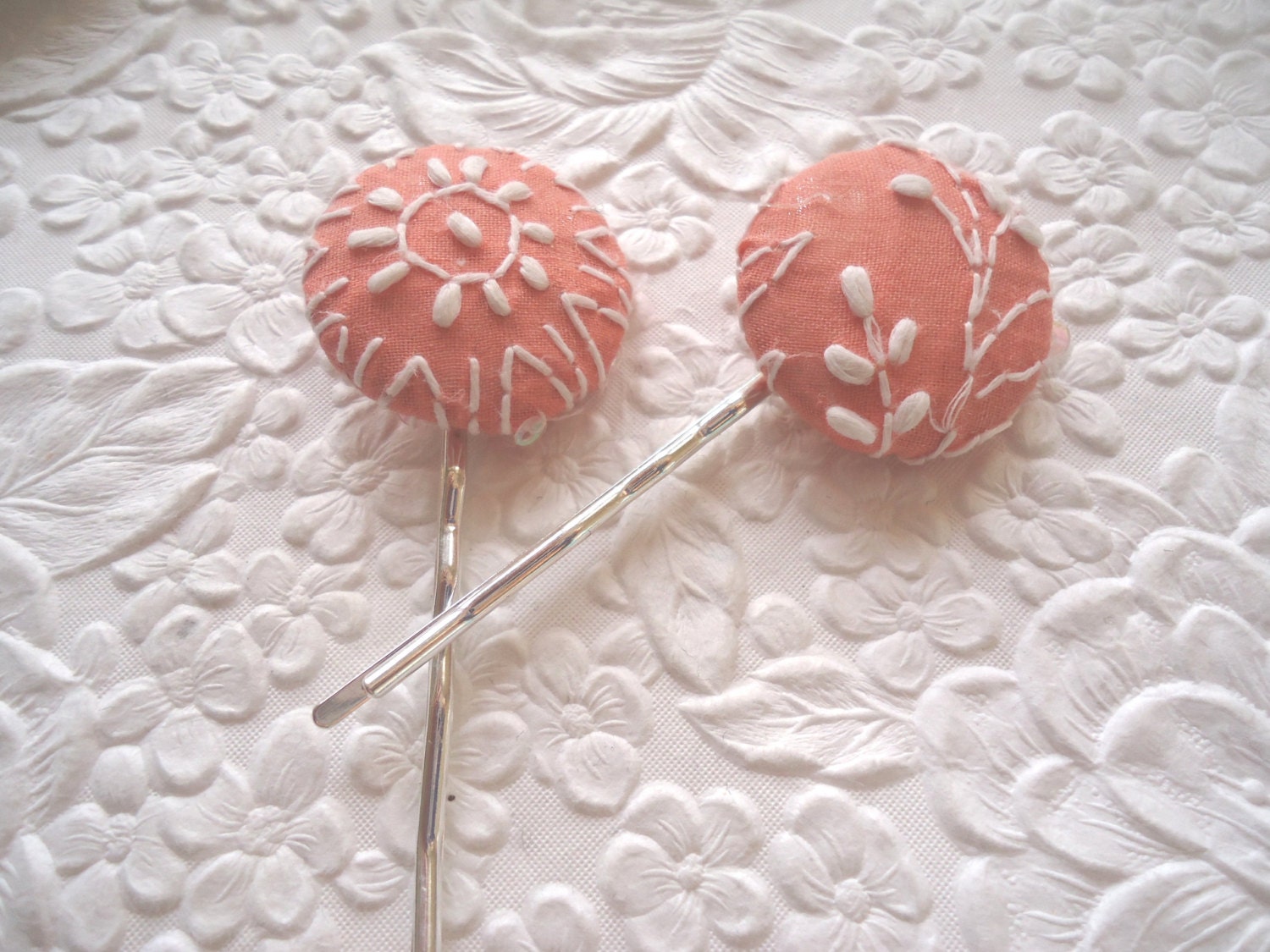 2 peach/white embroidered hair-pins -  hair accessory occasion party wedding