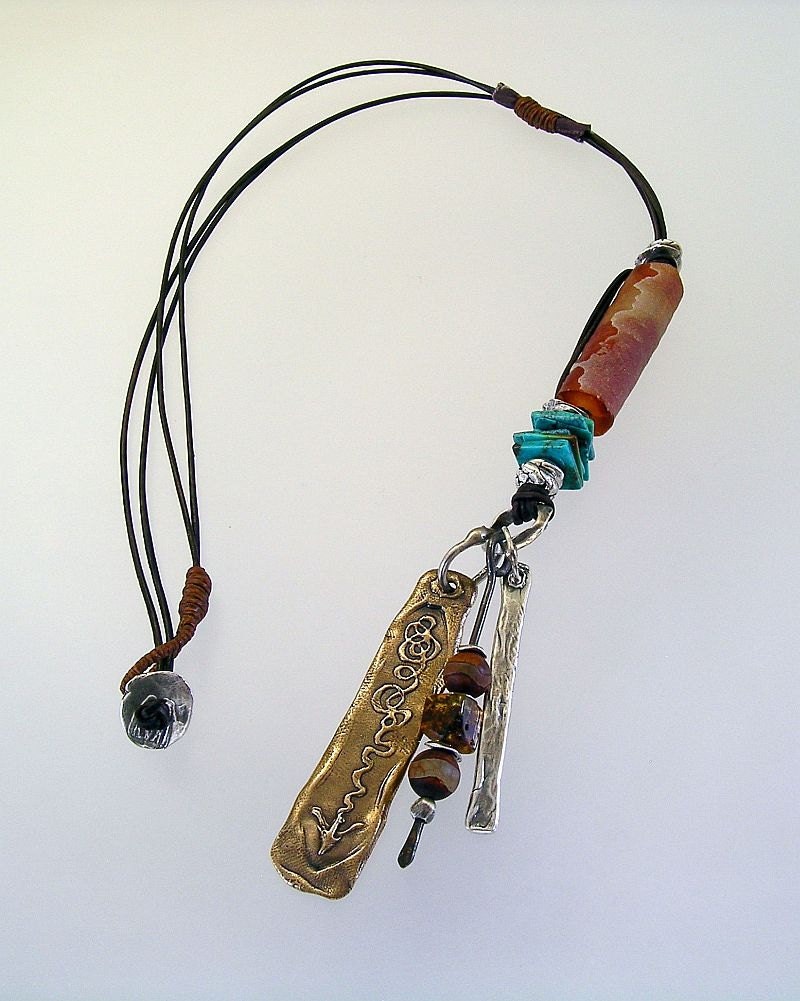 Out of Chaos, All One Talismans: Bronze  and Fine Silver Pendants, with Agatized Bamboo, Turquoise, Amber and Fire Etched Agate
