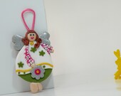 Spring Angel Ornament Decor, Pink, Fushia, Green and Yellow Angel with Flower, Baby Girl Decoration