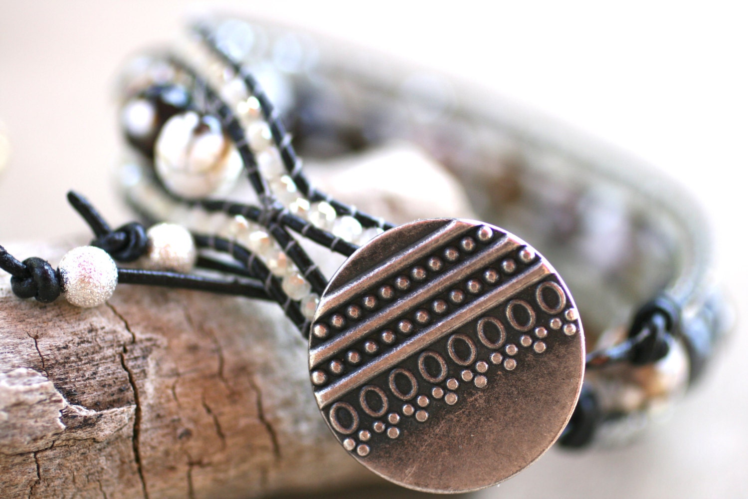 Black and White Crackle Agate Gemstone and Crystal Leather Wrap Cuff Handmade Bracelet