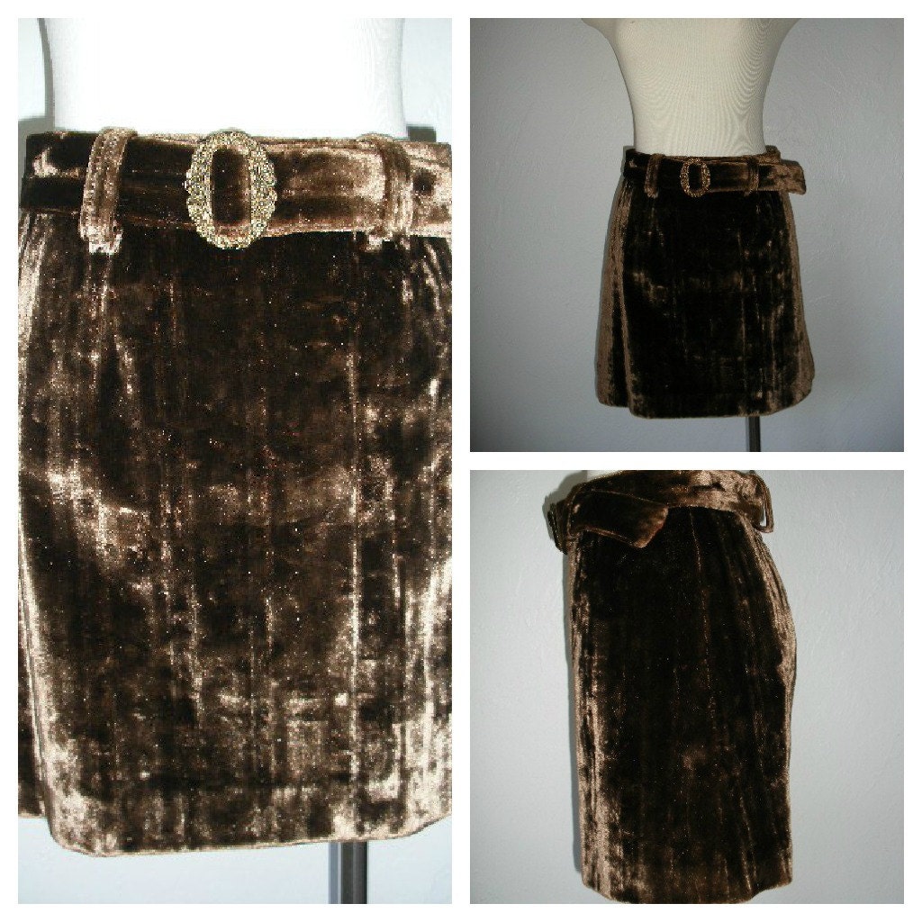 70s mod rocker mini skirt-chocolate brown velvet-arts and craft style belt buckle.