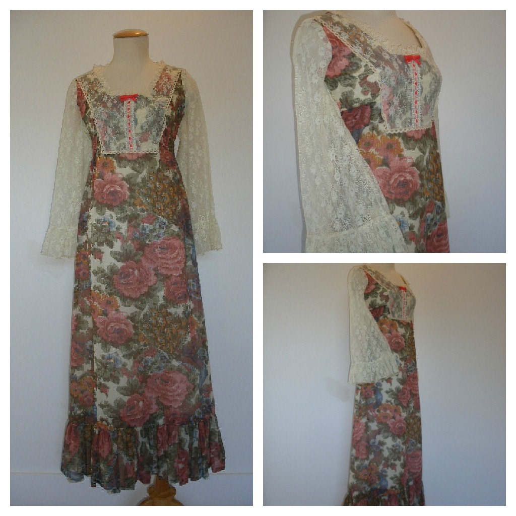 70s Toni Todd floral maxi gown, empire waist lace bodice, lace bell sleeves, boho romantic maxi dress.