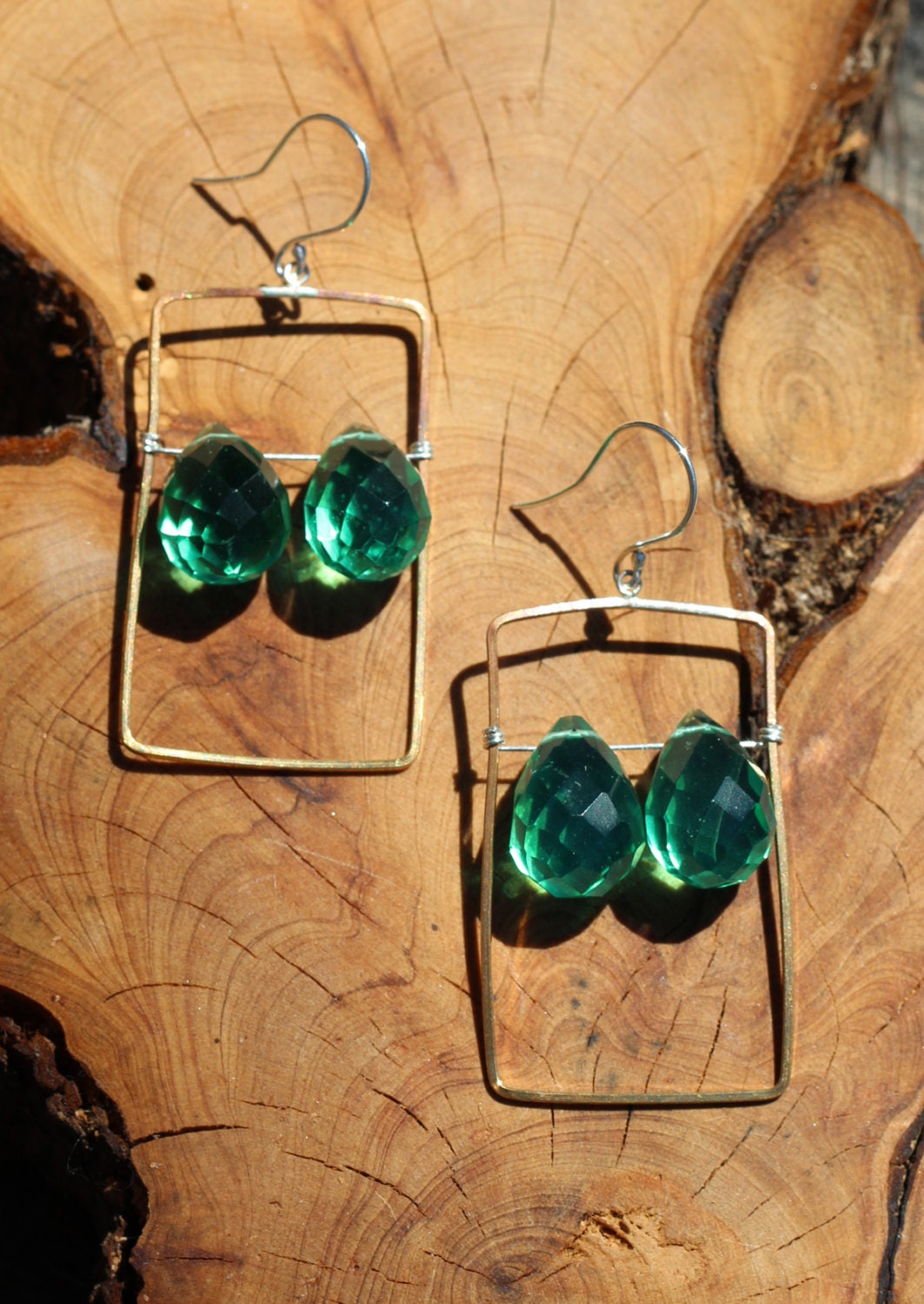 CLEARANCE Emerald Quartz Teardrops and Brass Rectangles