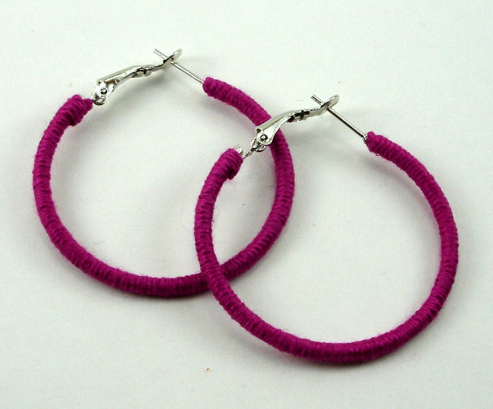 Hand Wrapped Hoop Earrings in Bright Fuchsia, 1.5 Inch Hoop Earrings, Trendy Summer Fashion Jewelry