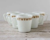 Pyrex Butterfly Mugs Set of 5 / Gold and White Coffee Cups / Orange Flower D Handle Tea Cups