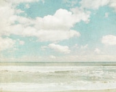 30% OFF Ocean photography, beach photo, powder blue, beige, waves, tide, clouds, pastel shades, North Carolina, Atlantic, meditation