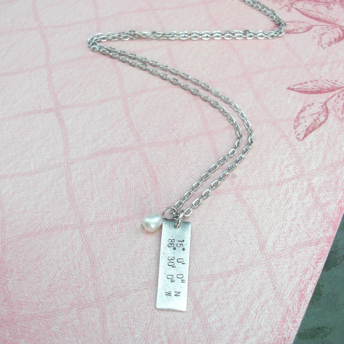 GPS Coordinates Pendant & Chain.. Custom Lat/Long Hand Stamped antiqued charm .. long tag in copper, silver or gold .. souvenir gift