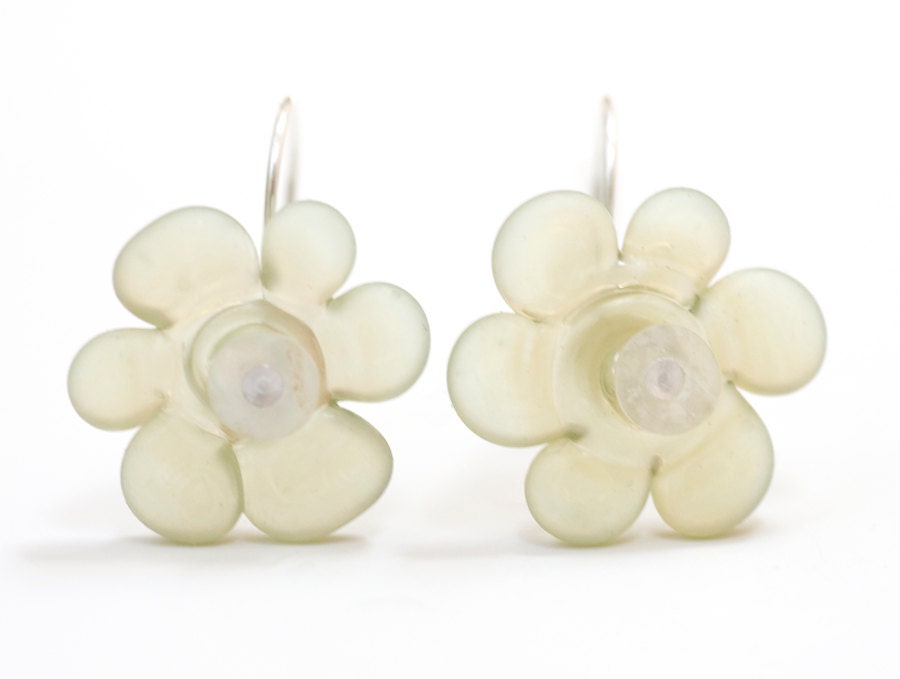 Gooseberry Green Sea Glass Flower Bead Earrings Handmade Lampwork Sterling Silver Made to Order