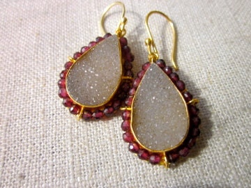 Drusy and garnet gold vermeil earrings