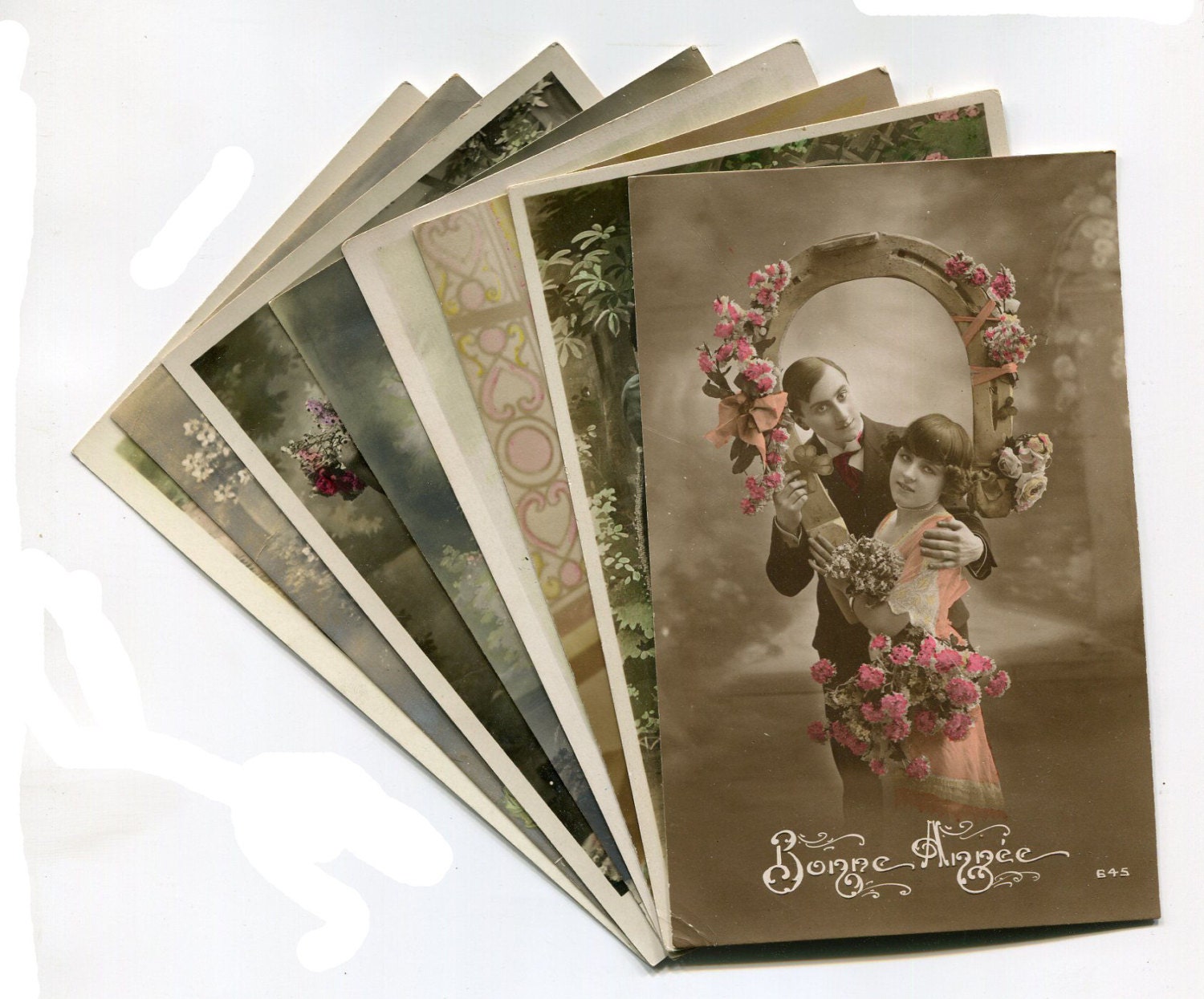 Lot of 8 original French vintage tinted real photo Couples postcards  - Victorian Paper Ephemera - B11