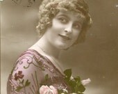 Original French vintage hand tinted real photo postcard - Lady with bouquet of roses - Victorian Paper Ephemera