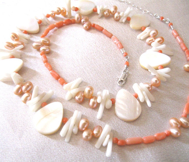 Freshwater Pearl Coral Necklace, Sterling Silver, Mother of Pearl Shell