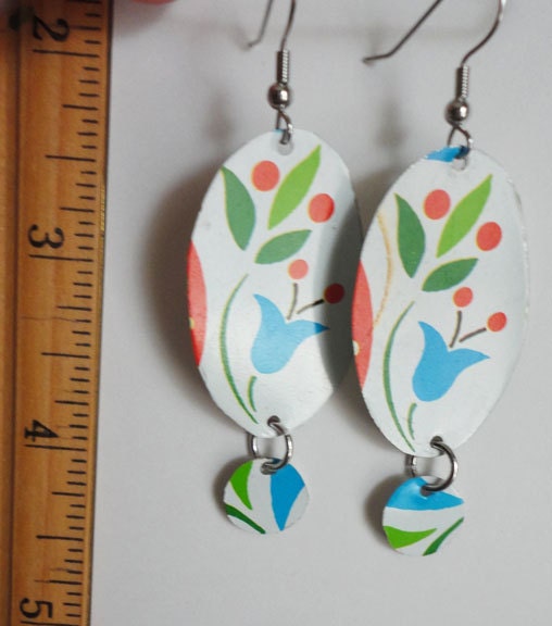 Vintage Tin Earrings with Blue Tulips
