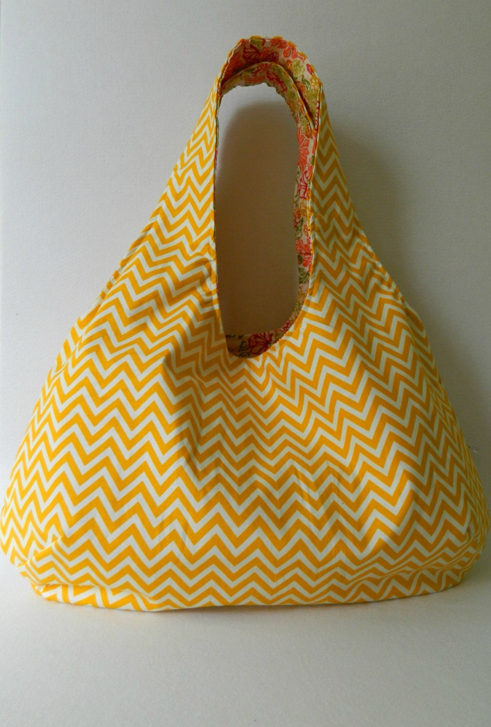 Market Tote- REVERSIBLE BAG- Yellow Chevron with Bright Floral Interior