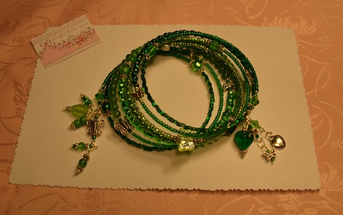 Apple to Hunter Green,Pearls,Heart,and Butterfly Memory Wire Bracelet