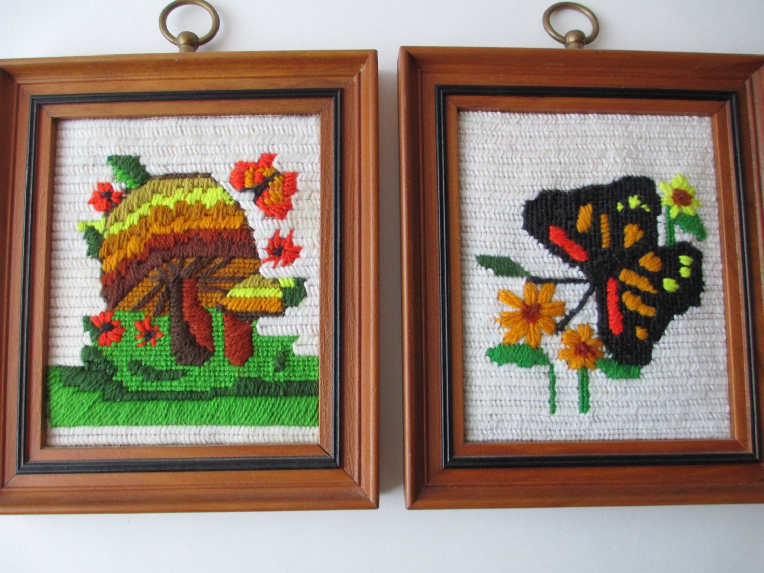 Retro 1970s Needlepoint Mushroom Butterfly Wall Hanging Pair
