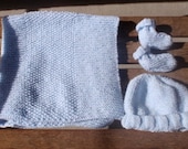 Blue and white hand knitted blanket, hat and bootie set  for a baby boy