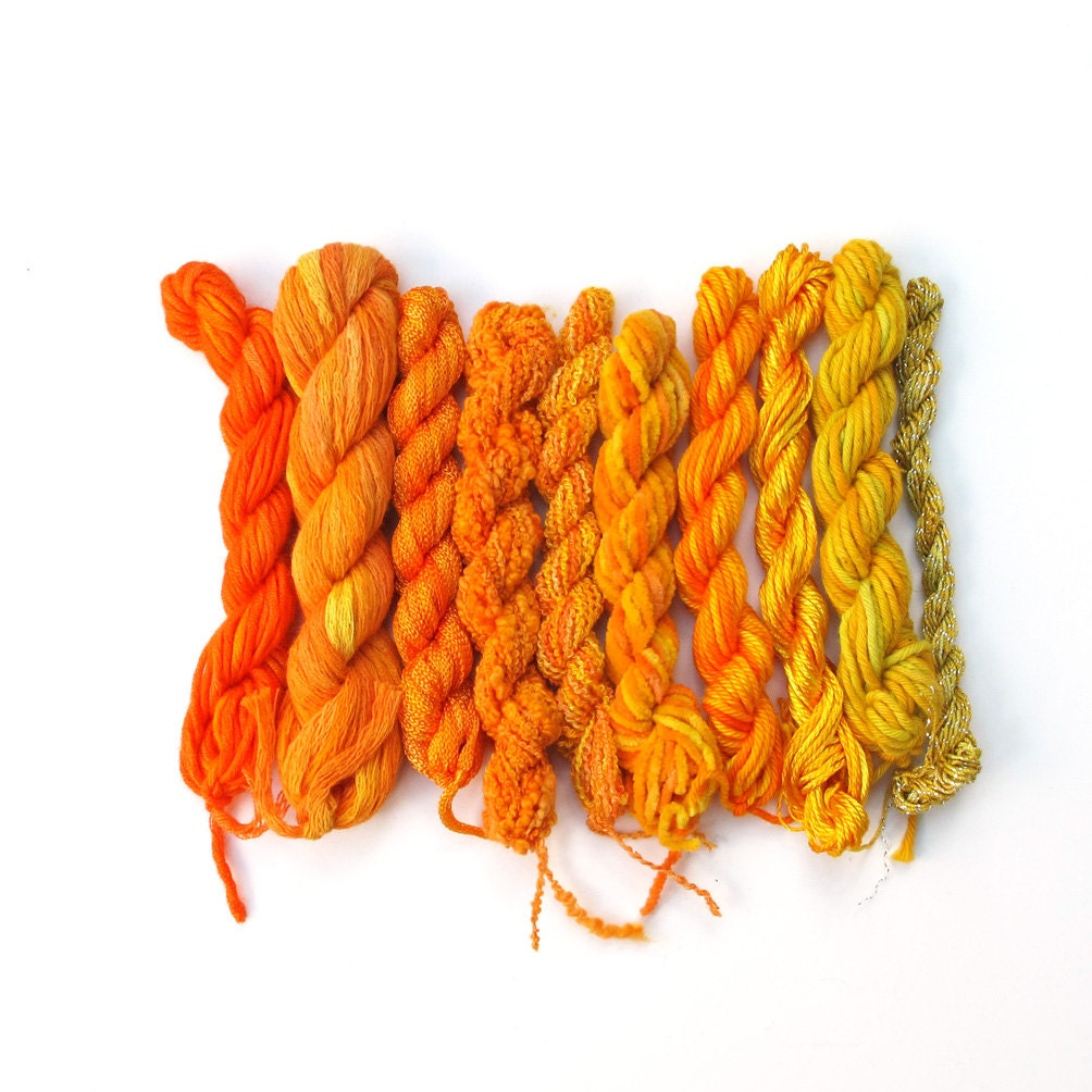10 mini-skeins, hand dyed thread, assorted fibres - cotton, silk, linen, viscose, lemon, yellow, gold, orange, summer sun