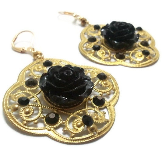 Black Rose on Golden Filigree Setting Earrings
