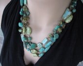 Blue Green Triple Strand Necklace, Chunky Necklace, Sea Green, Beaded Necklace, Boho Chic, Wire Wrapped, Czech Bead,  Bohemian