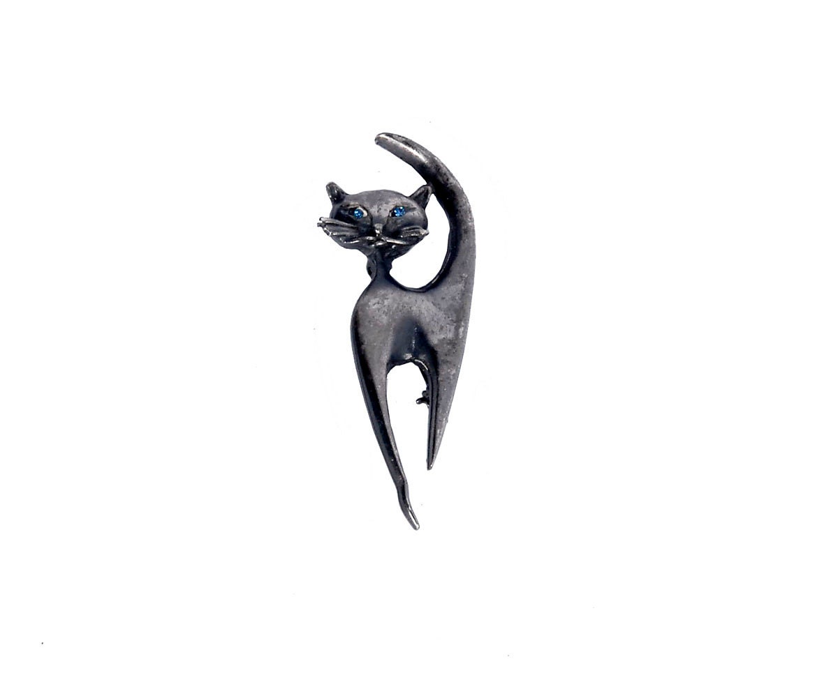 Vintage 50s Silver Modernist Cat Pin Brooch with Blue Glass Eyes