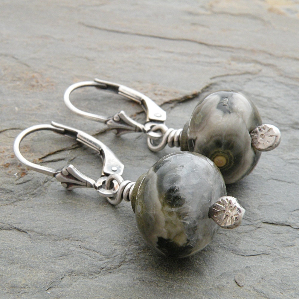 Green Gemstone Earrings, Ocean Jasper, Sterling Silver, Lever Back