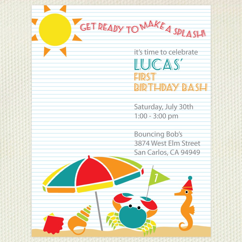 Beach Sea Critter Birthday Party Invitation with Lined Envelopes Set of 10