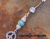 Turquoise Stone N Rhinestone Peace Sign Belly Button Ring DeSIGNeR Navel Piercing Tattoo Art Beach Ocean Western