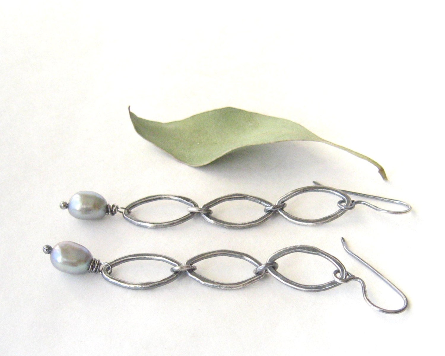 silver metalwork earrings, torch fused fine silver chain earrings with freshwater pearls