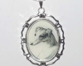 SueBero Altered Vintage Art Portrait Greyhound or Whippet Pendant Necklace Silver Plated