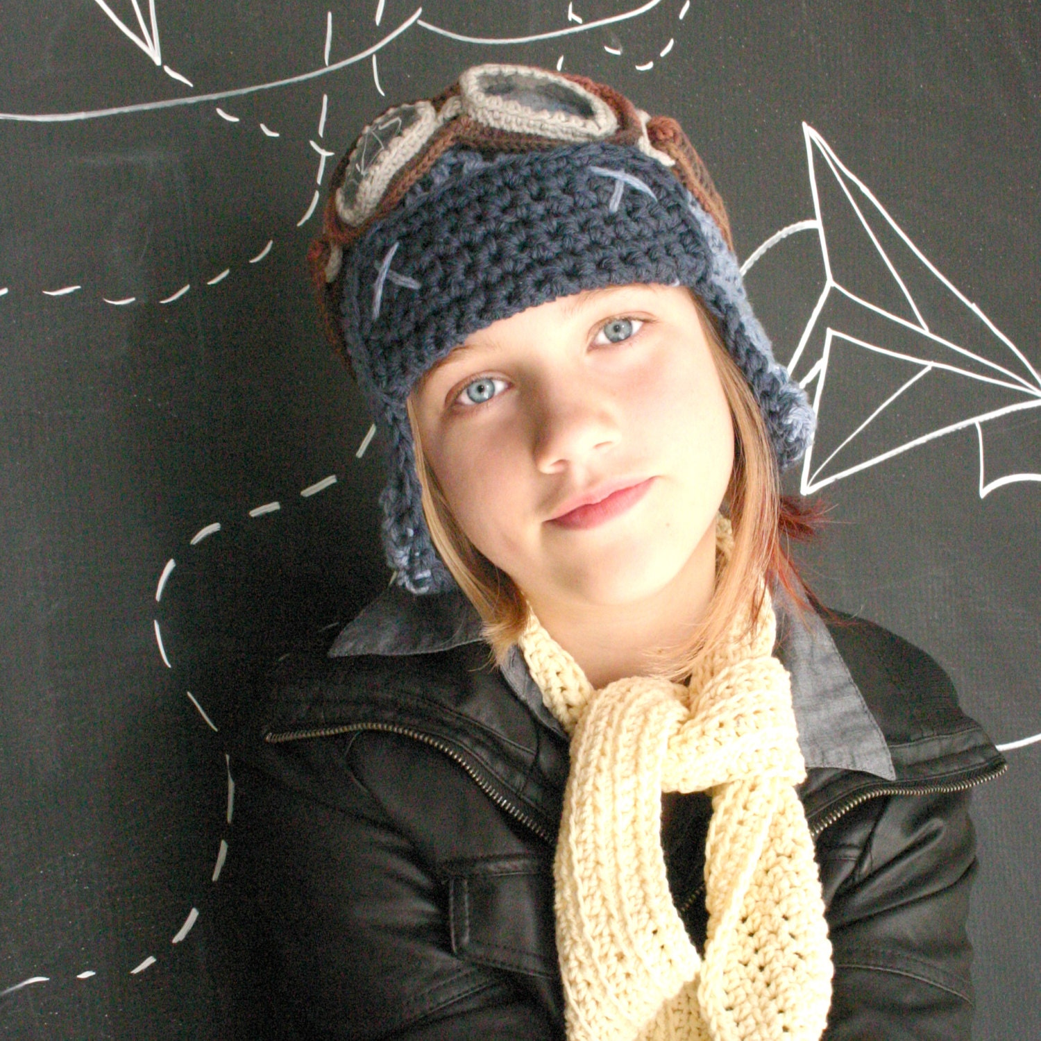 White & Navy Aviator Hat Set with Goggles - Cotton Crochet