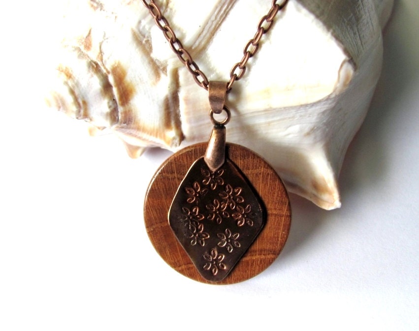 Wooden Jewelry Hand Stamped Copper Necklace Handmade Charm with Flowers Eco Friendly Oak wood Pendant by Hendywood