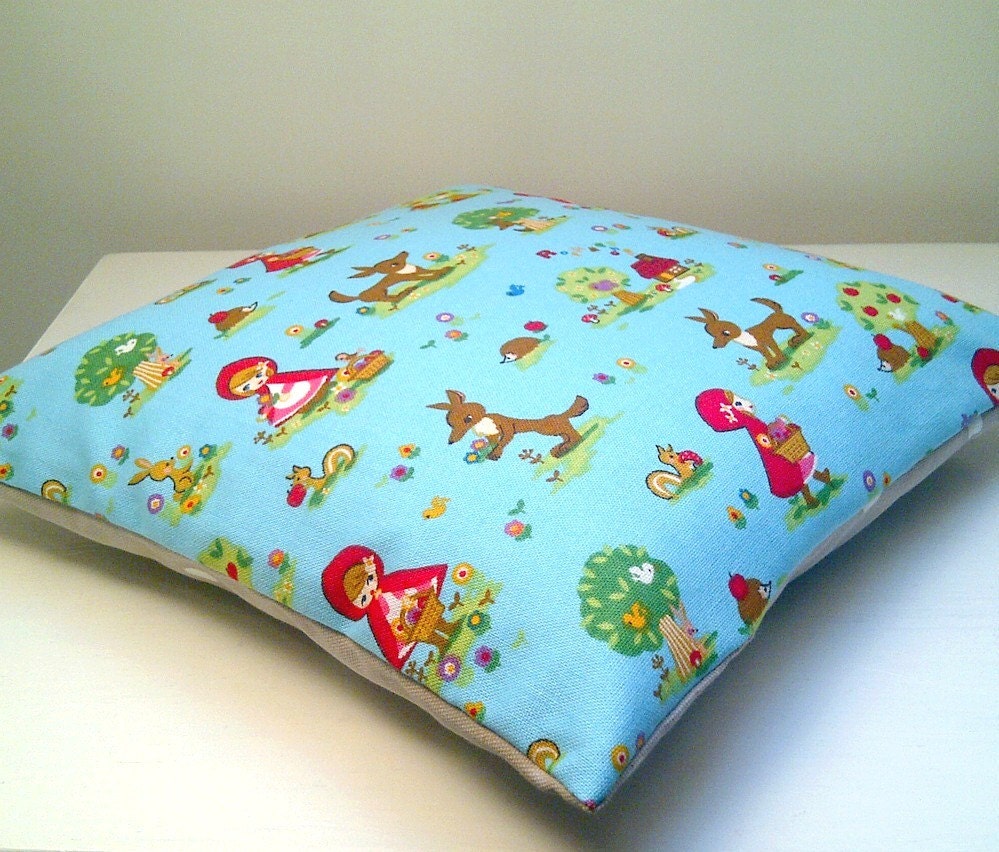 Little Red Riding Hood Turquoise Cushion, Japanese Fabric Child's Pillow, Fairytale Nursery