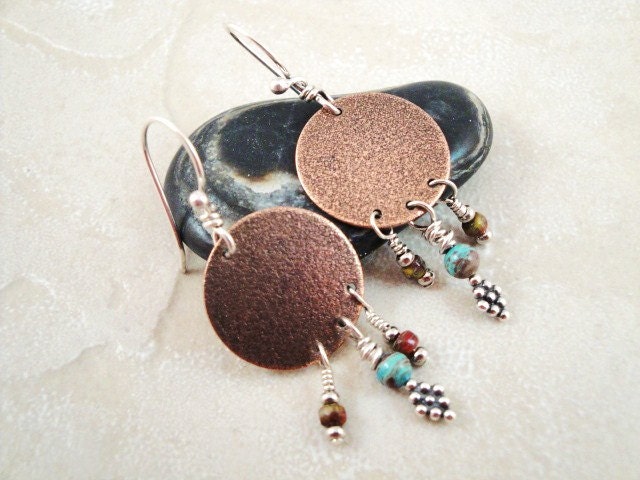 Medicine shield earrings. Etched copper discs. Sterling silver. Blue and red. Earthy colors. Mixed metals. Medicine wheel