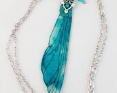 Dragonfly Wing Necklace in Aqua and Silver - Silver - Single Dragonfly Wing - Fairy wing necklace