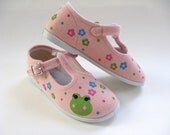 Girls Frog Shoes, Baby and Toddler, Hand Painted, Pink Canvas T Strap Shoe with Flowers
