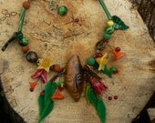 Polymer necklace, red,green,  jewelry designer, OOAK,The spirit of the woods