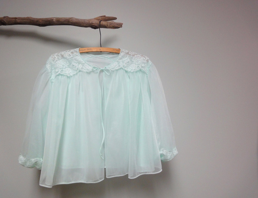 Vintage 1950s Vanity Fair Aqua Chiffon Bed Jacket, Shortie Robe
