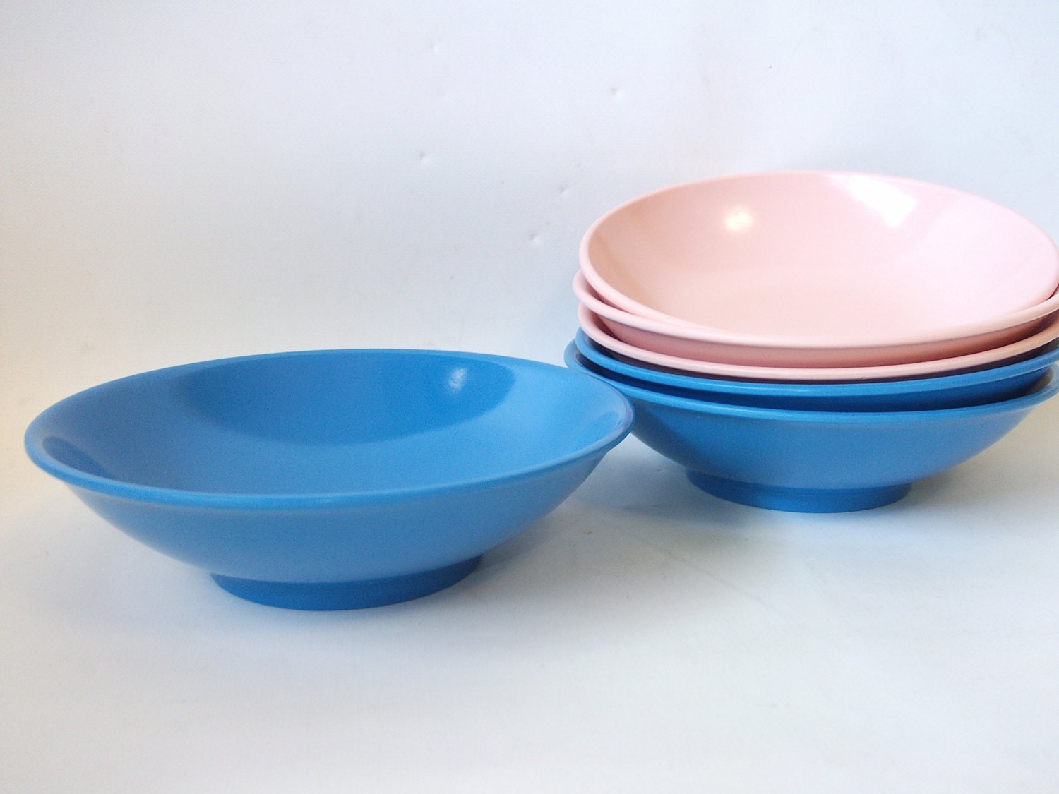 Vintage Melmac Bowls Pink and Blue Melamine Dishes Retro Saucers Dinnerware