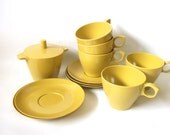 Vintage Melmac Melamine Cups and Saucers Harvest Gold Sugar Container