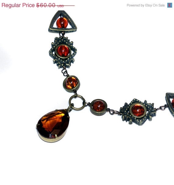 Neo Victorian Jewelry - Necklace - Amber with Pear Shape Faceted Supreme Quality Diamond Cut Glass Gem Stone Jewel