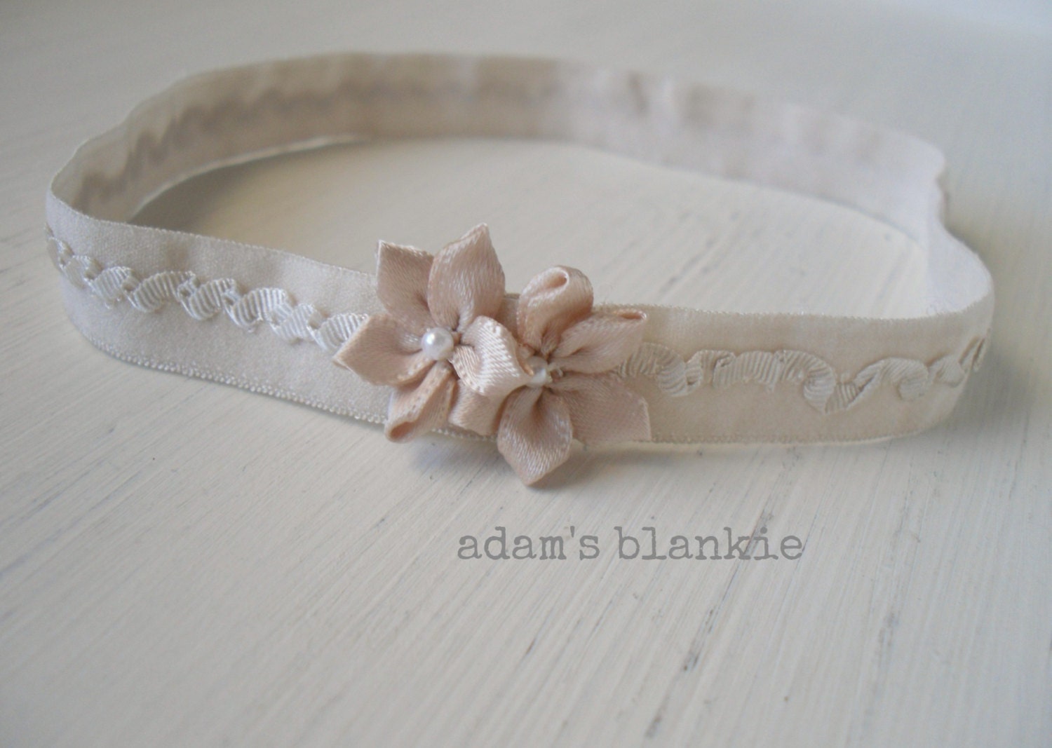 Catalya - Beige Flowers Pearl Lace Headband - Baby Infant Newborn Girls Adults - Photo Prop - Wedding Baptism