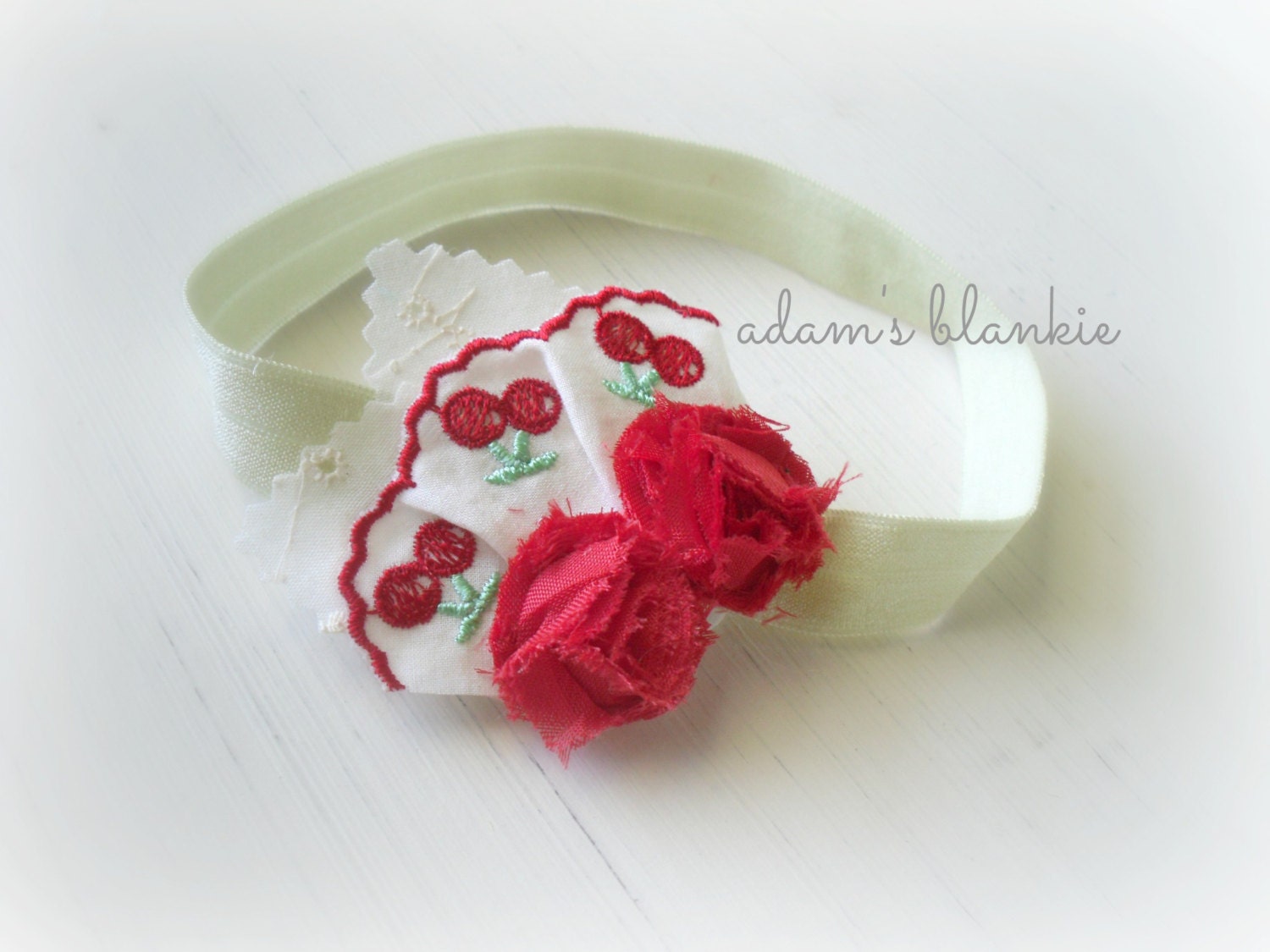 Cherry Orchard - Cream Ivory Red Green - Lace Rosette Flower Headband - Baby Toddler Newborn Girls Adults - Photo Prop