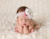 Mara - Vintage Inspired Rosette Headband - Pink Cream Ivory Beige Nude Lace Pearls - Newborn Infant Baby Girl Toddler Adult