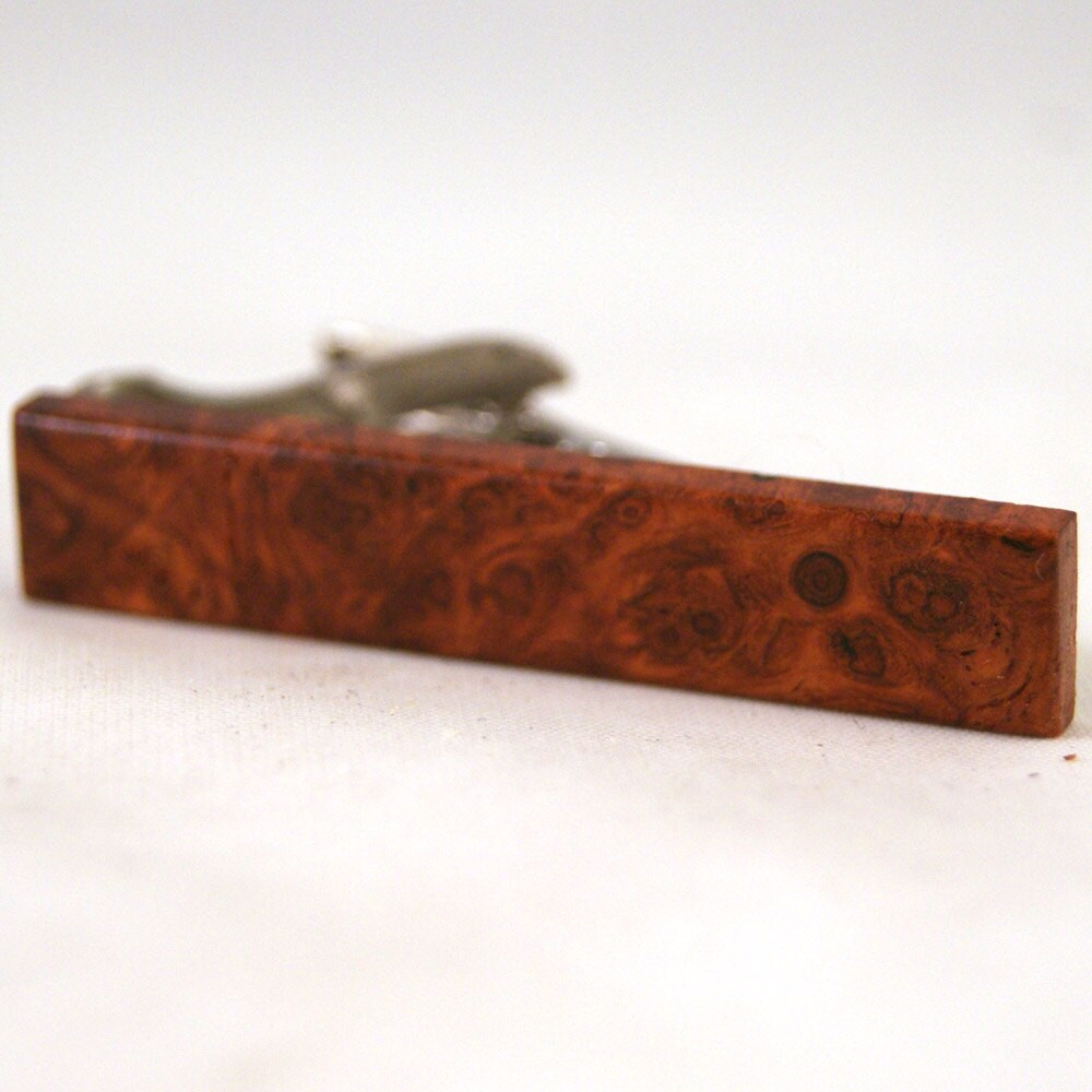 Short Wooden Tie Clip: Highly Figured Amboyna Burl - 1.6" long (TB-360)