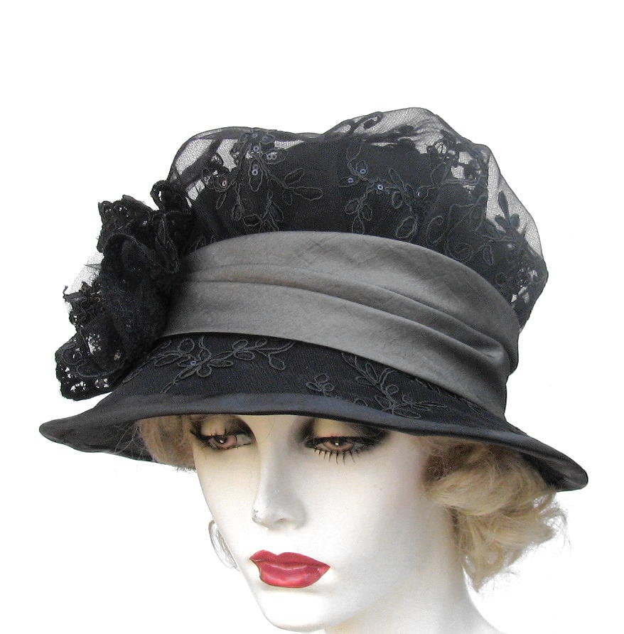 Women's Hats Vintage Style Hat Edwardian Downton Abbey Black Beaded Lace Rhinestones Taffeta  Satin Hat