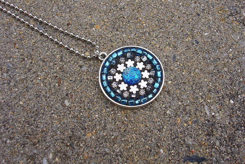 BLUE EYES- Mosaic Pendant Blue, Crystal and Silver Necklace