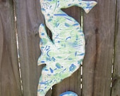 Wood Carved Seahorse 19in Lime and Blue Heavily Distressed Tropical Beach Cottage Coastal Fun Decor