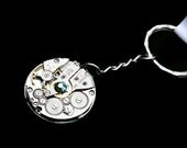 Steampunk Keychain- Industrial Wedding- Luxury Statement- Silver Clockwork- Vintage Watch Movement- Swarovski- Unisex- tasherajean- SK11